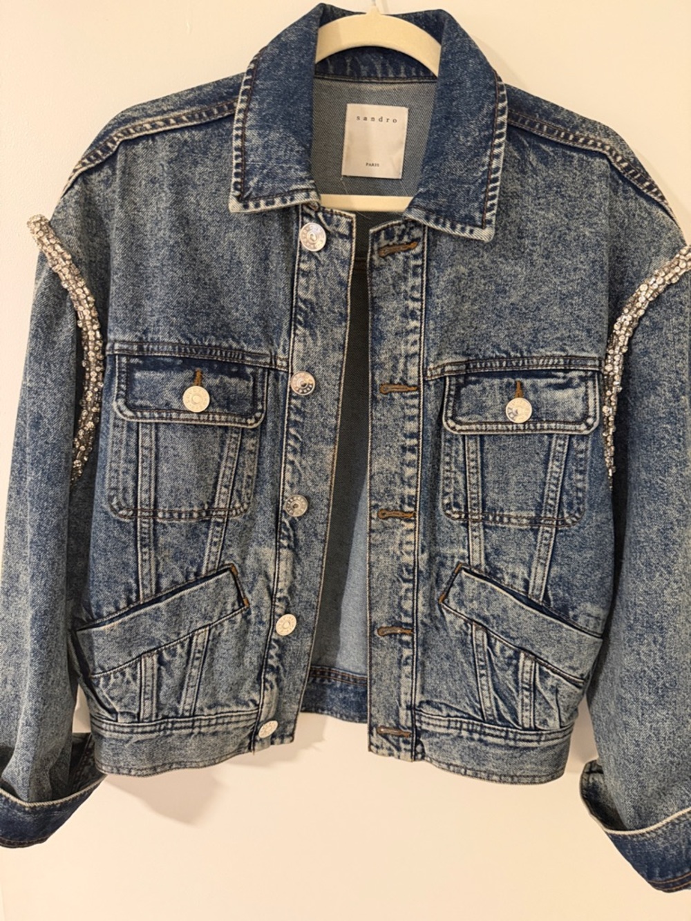 Sandro Blue Washed Denim Jacket with Crystal-Embellished Sleeves